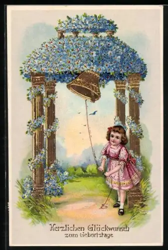 Präge-AK Blumenbild, Mädchen läutet die Glocke, Geburtstagsgruss