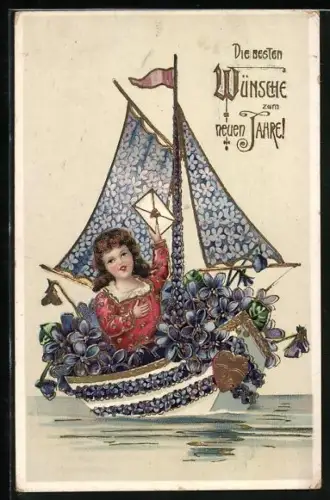 Präge-AK Frau mit Brief auf Segelboot aus Veilchen, Neujahrsgruss
