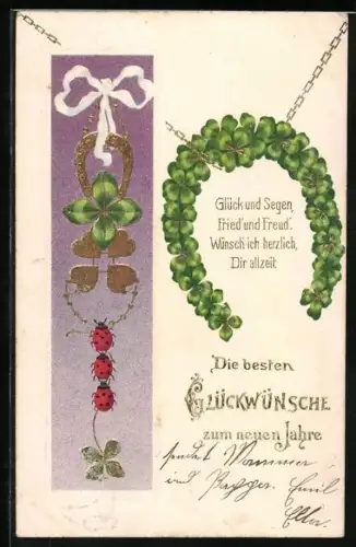 AK Hufeisen aus Kleeblättern, Marienkäfer, Glückwünsche
