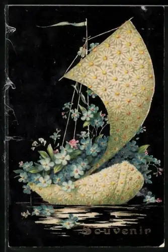 AK Segelboot aus Vergissmeinnicht und Gänseblümchen, Blumenbild