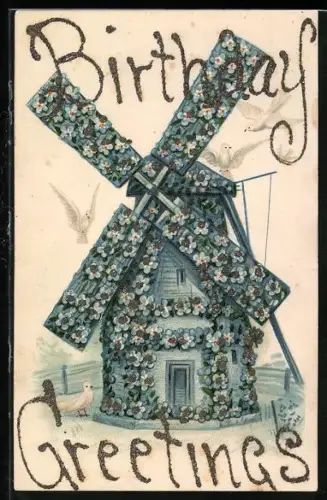 Präge-AK Windmühle aus Vergissmeinnicht, Geburtstagsgruss