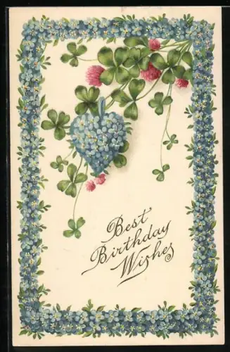 Präge-AK Herz aus Vergissmeinnicht mit Kleeblättern, Geburtstagsgruss