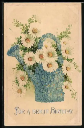 Präge-AK Giesskanne aus Vergissmeinnicht mit Gänseblumen, Geburtstagsgruss