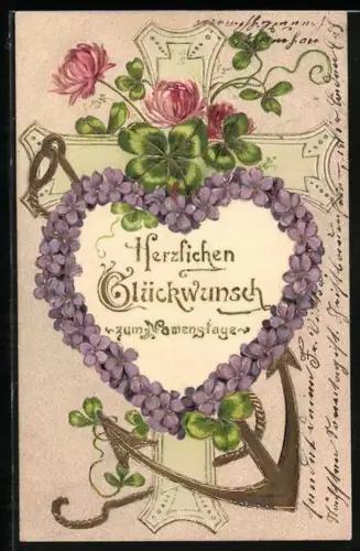 Präge-AK Herz aus Veilchen mit Anker, Glückwunsch zum Namenstag