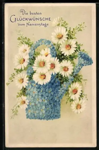 Präge-AK Giesskanne aus Vergissmeinnicht mit Gänseblumen, Glückwunsch zum Namenstag