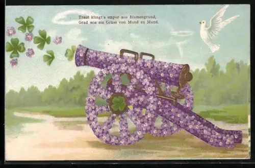 AK Kanone mit Vergissmeinnicht verschiesst Kleeblätter, weisse Taube