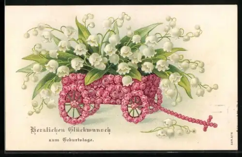 Präge-AK Maiglöckchen im Karren aus Rosen, Geburtstagsgruss
