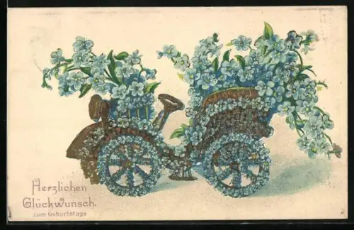 AK Herzliche Geburtstagswünsche bringt ein blütenverziertes Auto