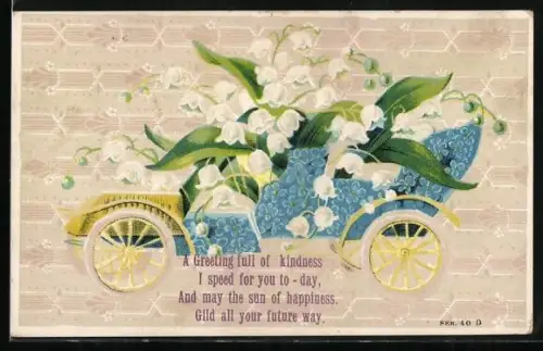 Präge-AK Maiglöckchen im Auto aus Vergissmeinnicht, Blumenbild