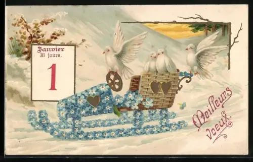 Präge-AK Weisse Tauben auf Schlitten aus Vergissmeinnicht, Neujahrsgruss