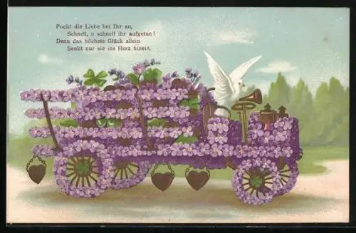 Präge-AK Weisse Taube auf Auto aus Veilchen, Blumenbild