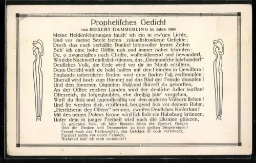 AK Prophetisches Gedicht, Meine Heldenseheraugen tauch` ich ein in ew`gen Lichte., Robert Hammerling 1884