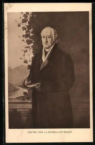 AK Goethe mit einem Notizbuch in der Hand