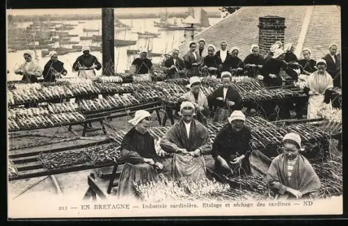 AK En Bretagne, Industrie sardiniere, Etetage et sechage des sardines, Lufttrocknung der Sardinen