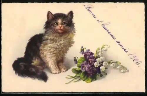 AK Katze neben Veilchen u. Maiglöckchen-Strauss