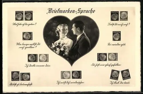 AK Briefmarkensprache für Verliebte, Liebespaar im Herzrahmen