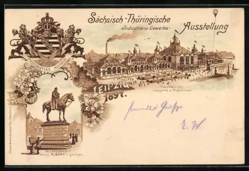 Lithographie Leipzig, Sächsisch-Thüringische Industrie & Gewerbe Ausstellung 1897, Denkmal König Albert v. S.