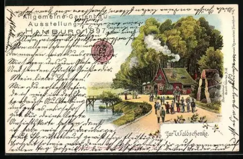 Lithographie Hamburg, Allgemeine Gartenbau Ausstellung 1897, Zur Waldschenke