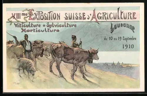 Künstler-AK Lausanne, VIII. Exposition Suisse d`Agriculture 1910, Almabtrieb des Viehs
