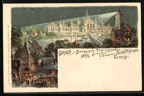 Lithographie Leipzig, Sächsisch-Thüringische Industrie & Gewerbe Ausstellung 1897, Thüringer Dorf, Haupthalle & Wartburg