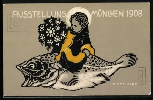Künstler-AK sign. Fritz Klee: München, Ausstellung 1908, Kindl auf einem Fisch