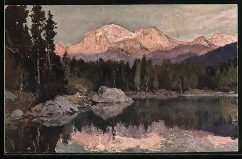 Künstler-AK Edward Theodore Compton: Hintersee mit Göll im Alpenglühen