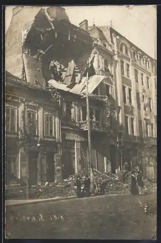 AK Belgrad, Wohn- u. Geschäftsgebäude mit zerstörten oberen Stockwerken, Kriegsschaden