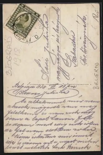 AK Belgrad, Wohn- u. Geschäftsgebäude mit zerstörten oberen Stockwerken, Kriegsschaden