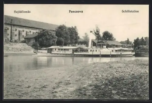 AK Pancsova, Schiffstation mit Gebäude und Dampfer