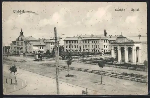 AK Ujvidek, Spital mit Kirche, Anlage u. Strasse, Panorama