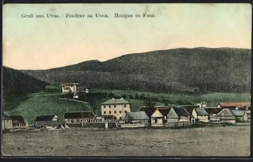 AK Uvac, Ortspanorama mit Brücke und Bergpanorama