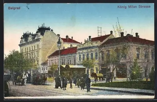 AK Belgrad, König Milan-Strasse, Ecke mit Anlage, Kutschen