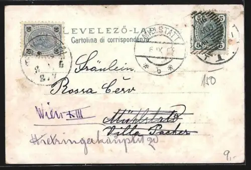 AK Fiume, Corso, Strassenpartie mit Geschäften aus der Vogelschau