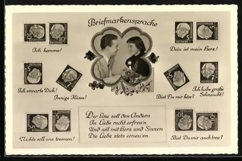 AK Briefmarkensprache, Ich komme, Innige Küsse, Nichts soll uns trennen