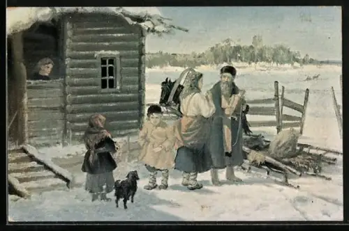 AK Russische Bauernfamilie vor ihrem Haus