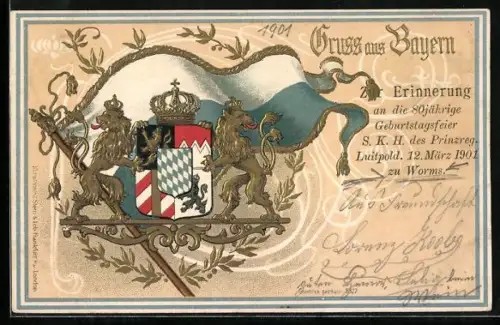 AK Bayern, Bayrisches Wappen, Löwen und Fahne