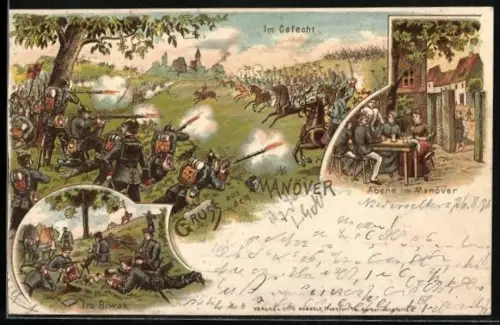 Lithographie Kaisermanöver, Soldaten im Gefecht, im Biwak & bei Abendstimmung