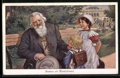 AK Komponist Johannes Brahms spricht im Park kleine Schulkinder an
