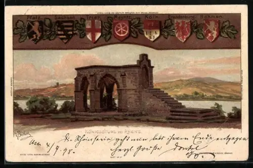 Künstler-AK Carl Biese: Rhens, Königsstuhl, Wappen
