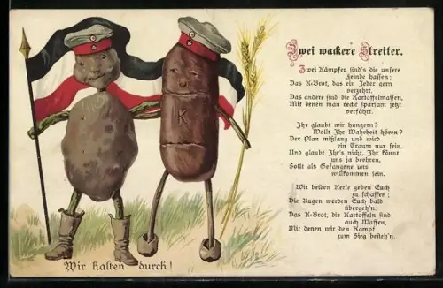 AK K-Bort und Kartoffel mit Soldatenmütze mit Kaiserreichsfahne, Kriegsnot