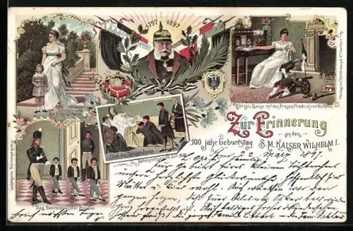 Lithographie Portrait Kaiser Wilhelm I., Königinj Louise mit Prinz Wilhelm, Das Excerdieren der Prinzen