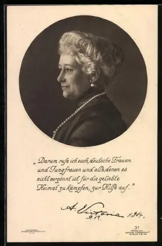 Lithographie Darum rufe ich euch, deutsche Frauen..., Kaiserin Auguste Victoria