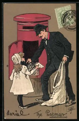 AK The Postman, Mädchen mit Brief und Postbote am Briefkasten
