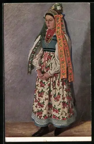 Künstler-AK Fr. Lubienski: Z ziem Sieradzkiej - W Wesel Nym Stroju, Polin in Tracht