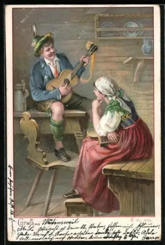 Lithographie Musiker in Tracht spielt für seine Geliebte auf der Gitarre