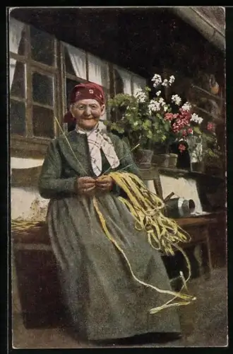 Künstler-AK H. Hoffmann: Strohflechterin sitzt vot ihrem Haus
