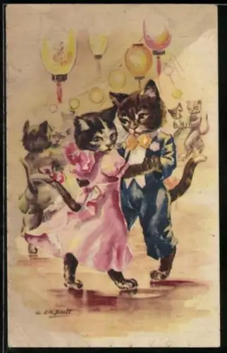 Künstler-AK Tanzende Katzen auf Ball
