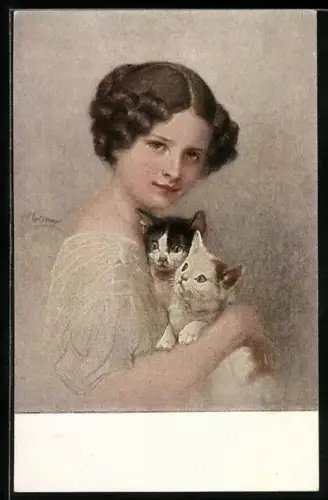AK Drei Kätzchen, junge Frau mit zwei Katzen auf dem Arm