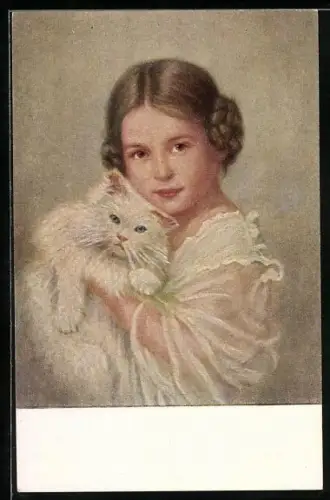 AK Mädchen schmust mit Katze
