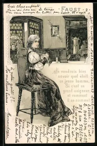 AK Faust, Margarete mit langen Flechtzöpfen in der Küche sitzend